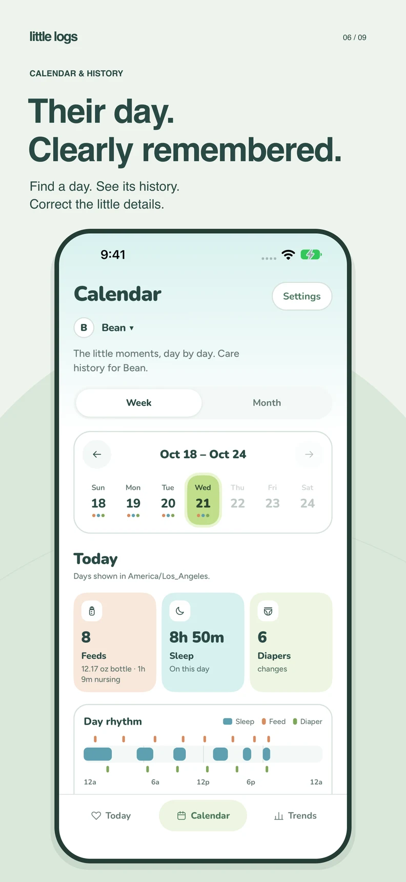 Calendar shows a week of care, daily feed, sleep and diaper totals, and a day-rhythm timeline.