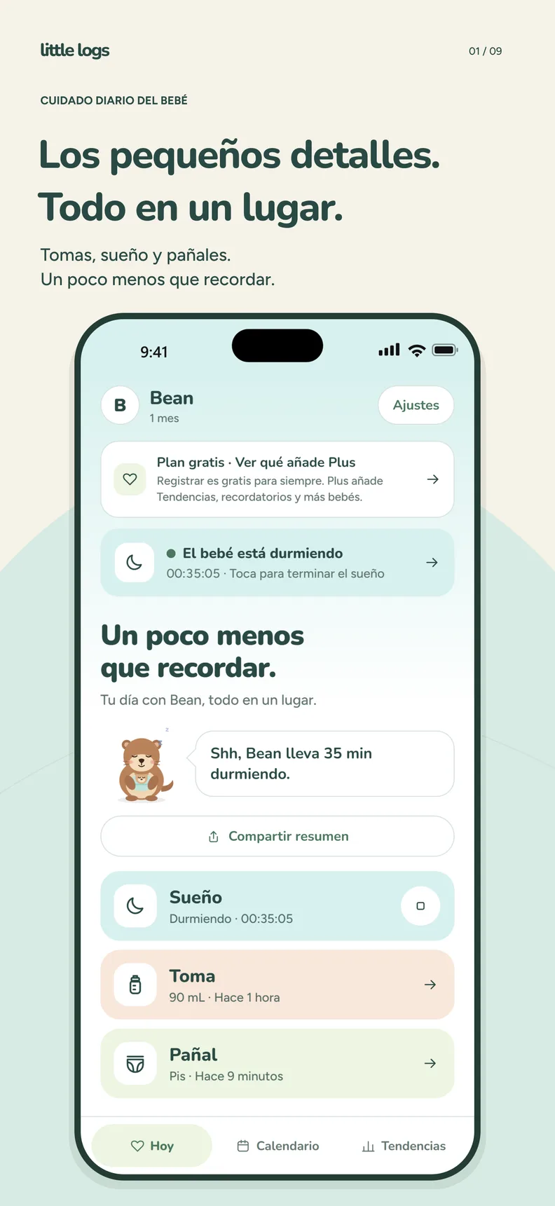 Pantalla Hoy de Little Logs con una siesta en curso, la última toma y el último pañal.