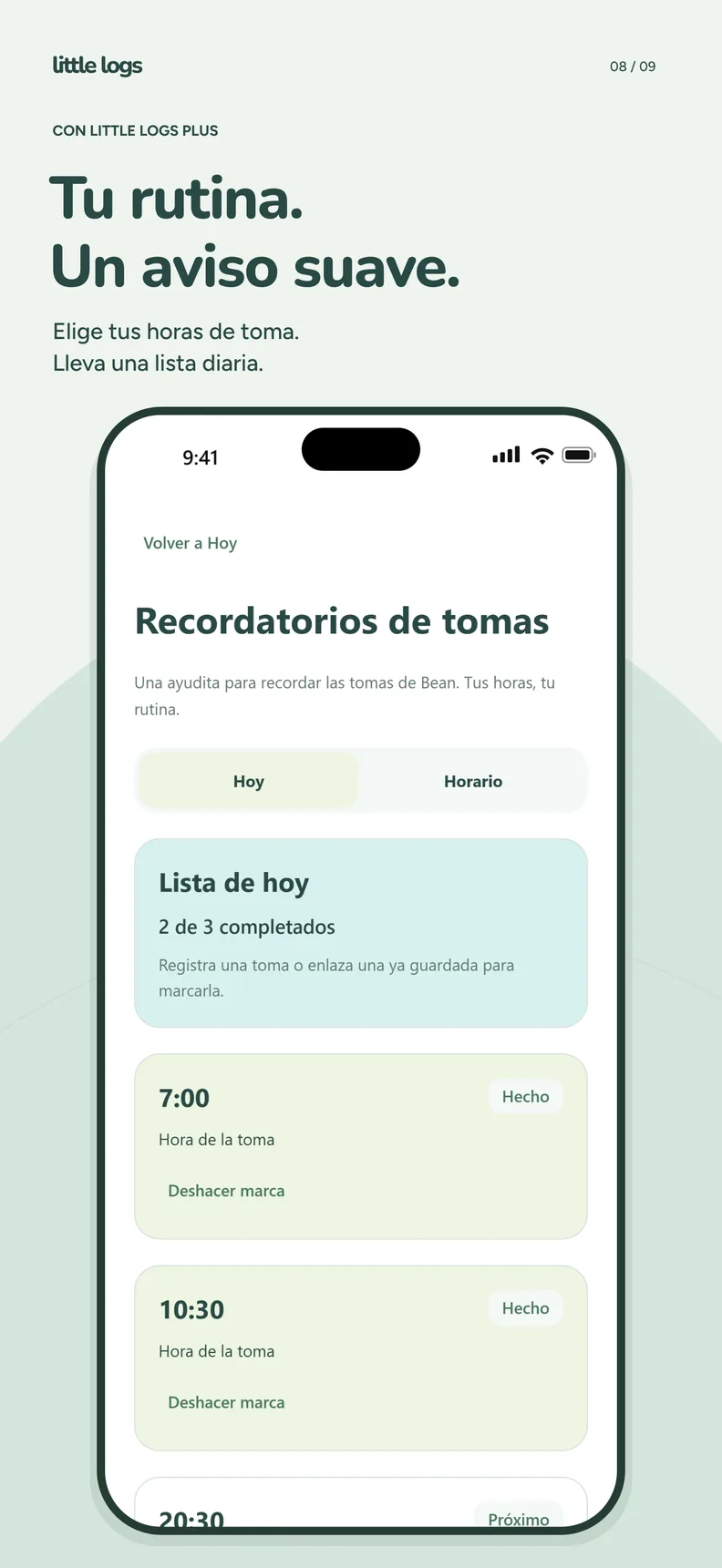 Recordatorios de tomas con una lista del día y dos de tres horarios completados.
