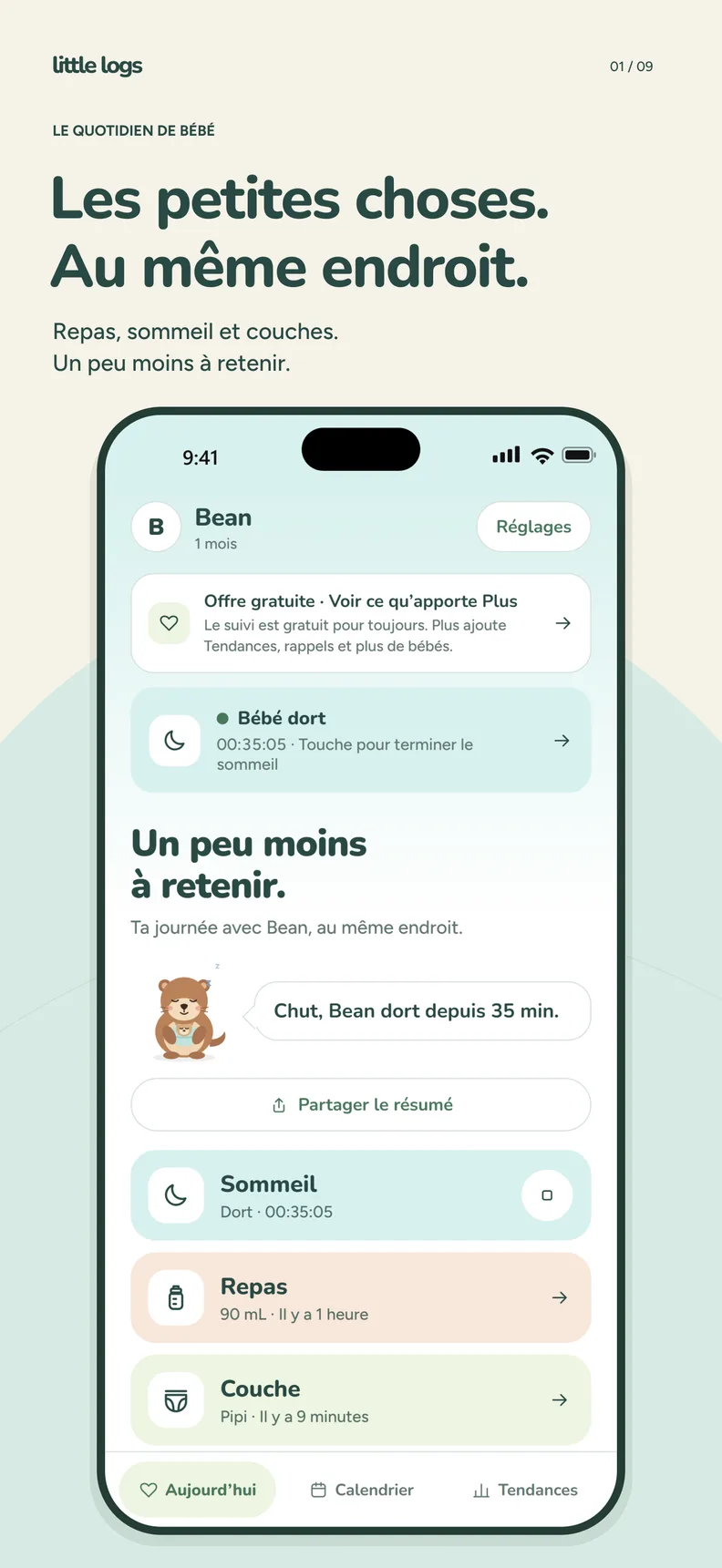 Écran Aujourd’hui de Little Logs avec une sieste en cours, le dernier repas et la dernière couche.