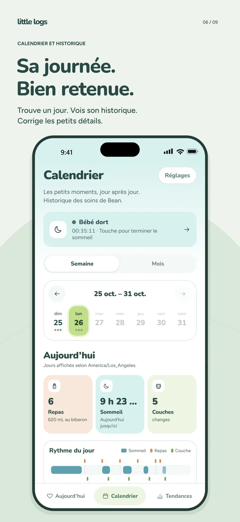 Calendrier de Little Logs avec les totaux du jour et le rythme du sommeil, des repas et des couches.